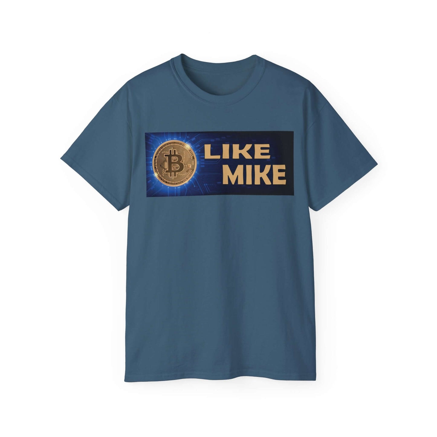 Bitcoin tee shirt featuring the phrase 'Like Mike' and a Bitcoin graphic, made of comfortable cotton.