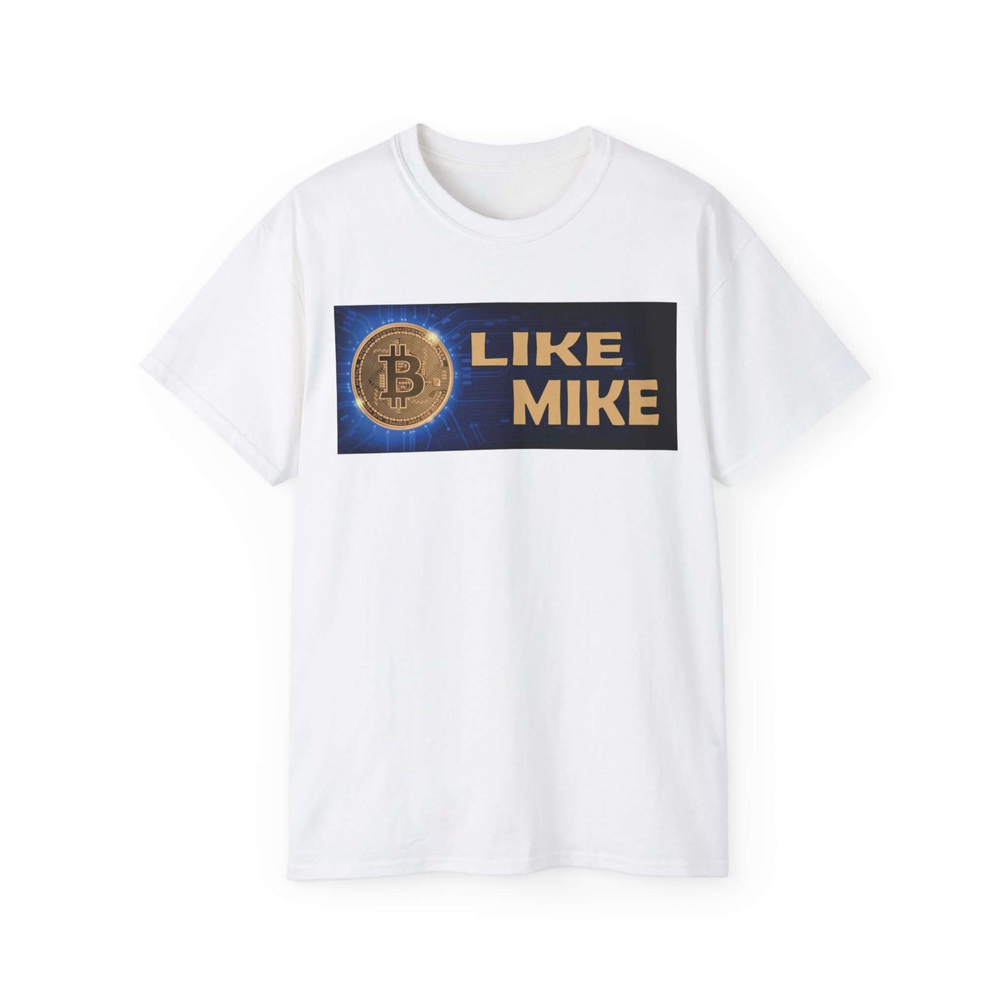 White Bitcoin Tee Shirt featuring the text 'LIKE MIKE' and a Bitcoin graphic.