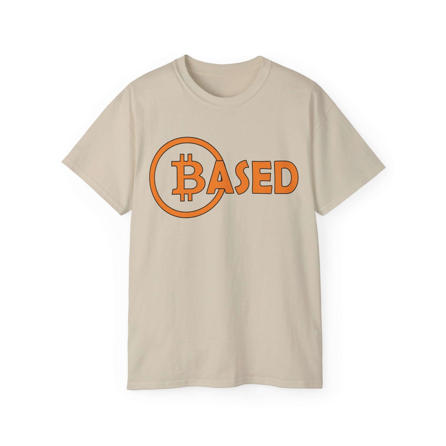 Bitcoin t-shirt featuring the word 'BASED' with a Bitcoin symbol, promoting cryptocurrency awareness and HODL culture.