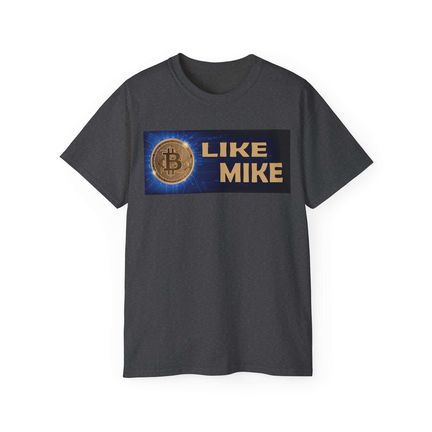 Black Bitcoin Tee Shirt featuring the phrase 'LIKE MIKE' and a Bitcoin graphic, made from comfortable cotton.