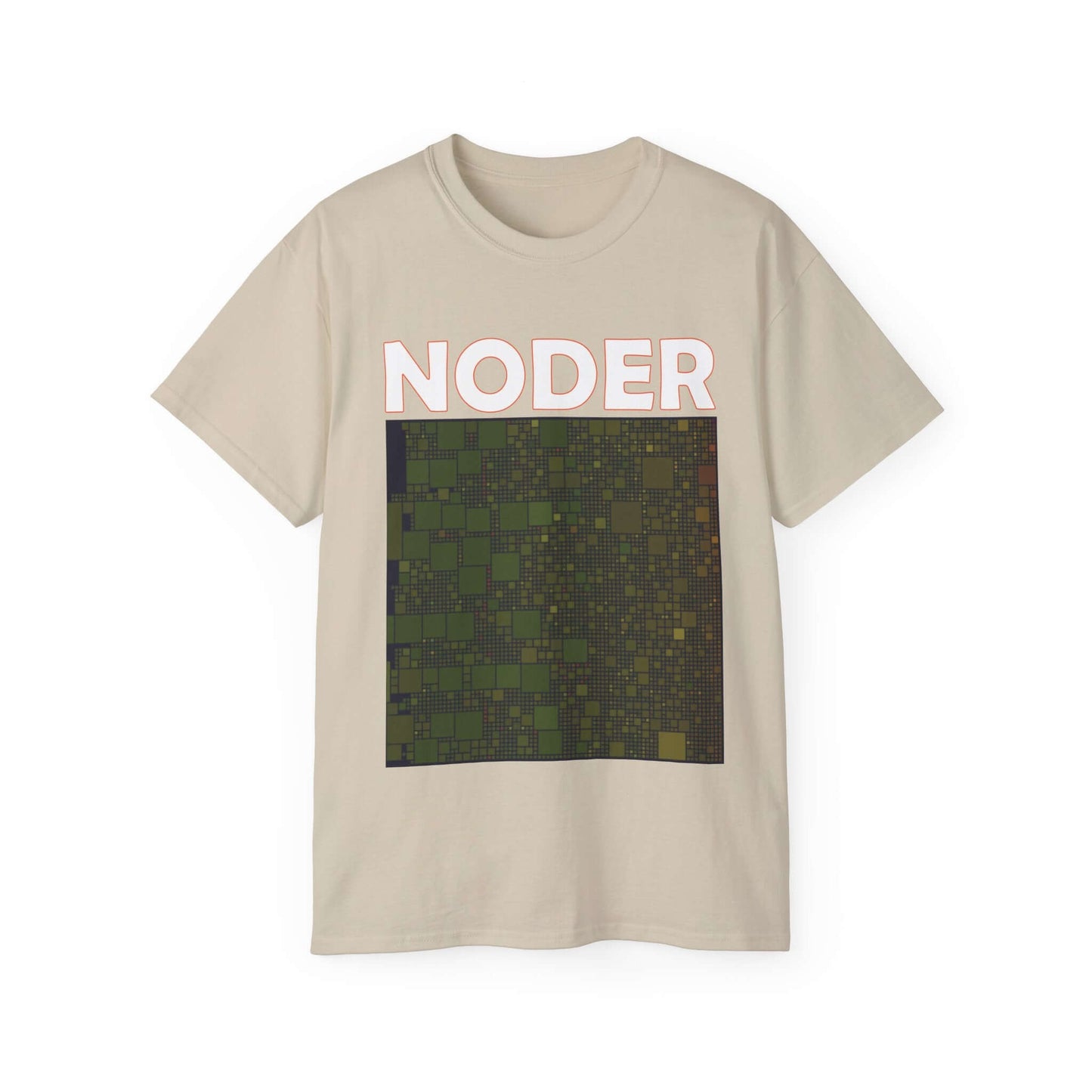 Beige Bitcoin Tee Shirt featuring the word 'NODER' and a network graphic, promoting node running for network security.