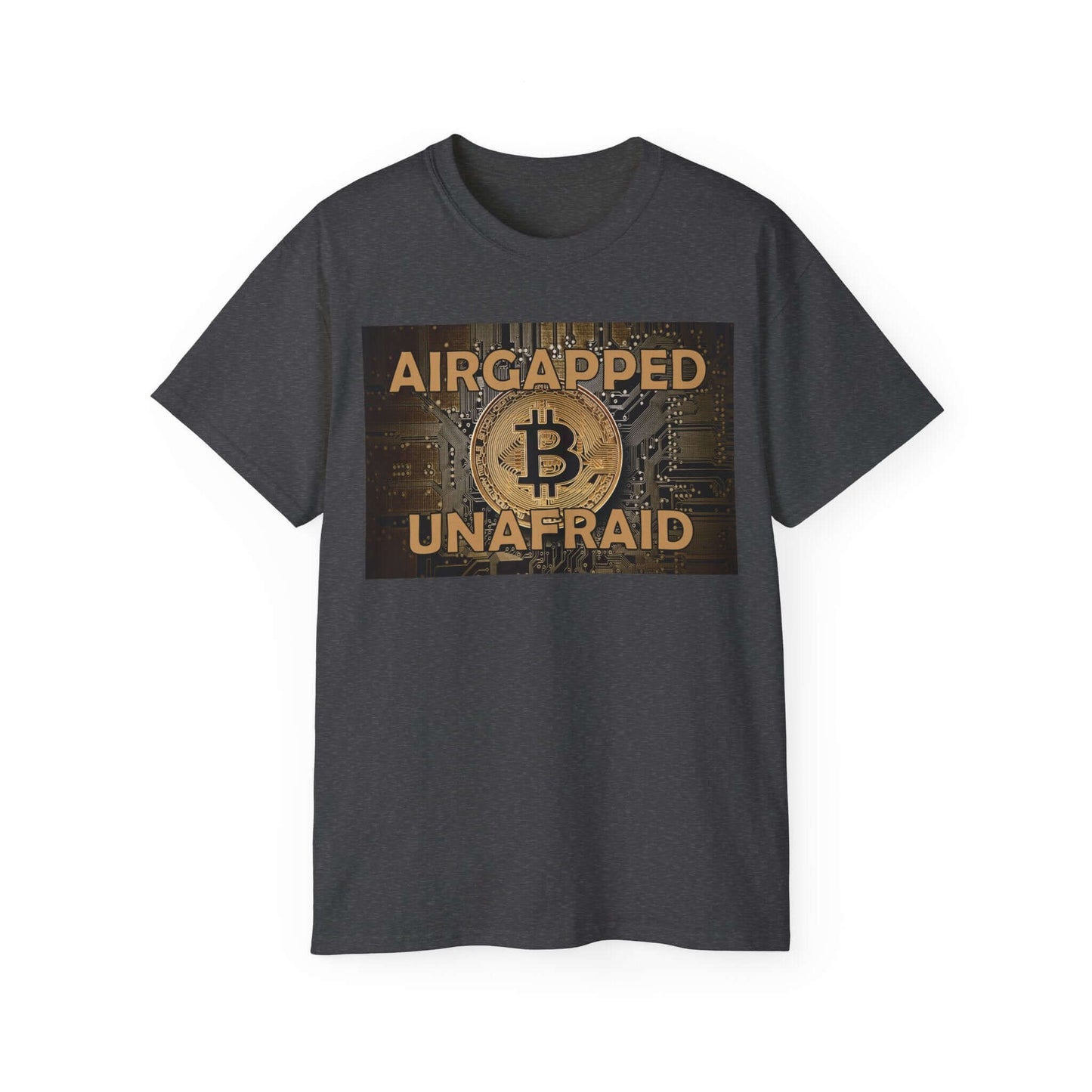 Black t-shirt featuring 'AIRCAPPED UNAFRAID' text and Bitcoin symbol, ideal for cryptocurrency enthusiasts.