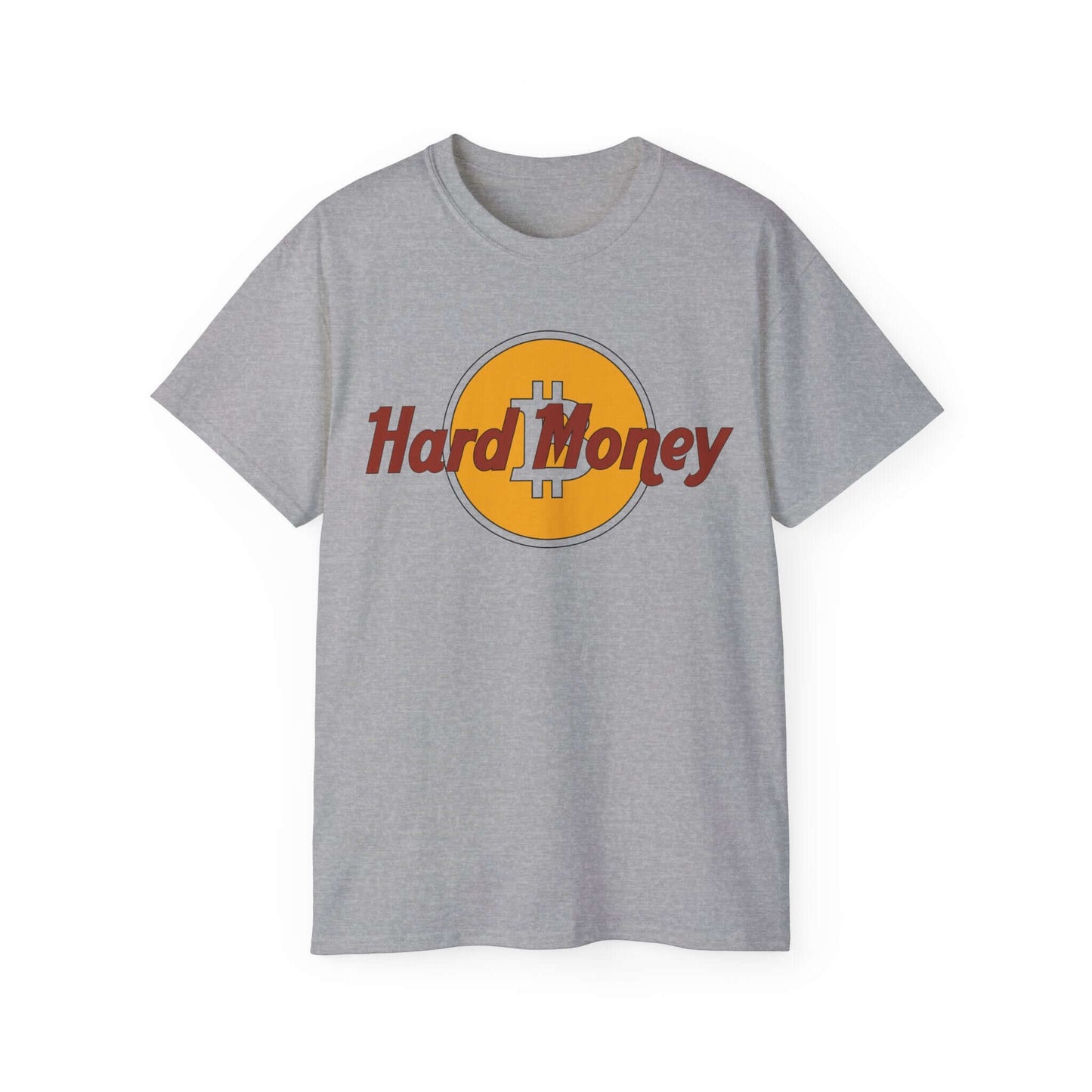 Gray Bitcoin Tee featuring 'Hard Money' design, made from comfortable cotton, perfect for cryptocurrency enthusiasts.