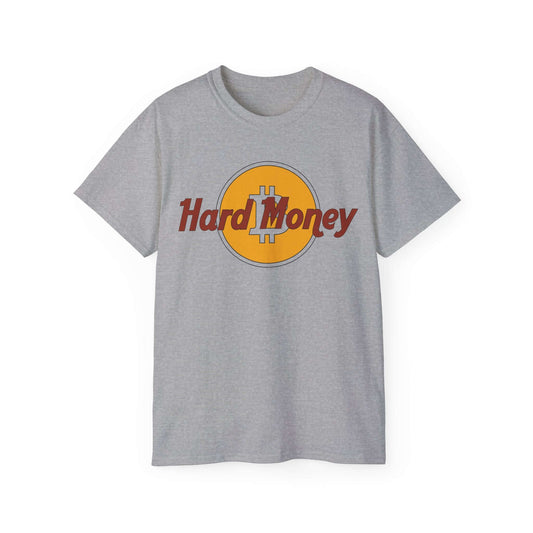 Gray Bitcoin Tee featuring 'Hard Money' design, made from comfortable cotton, perfect for cryptocurrency enthusiasts.