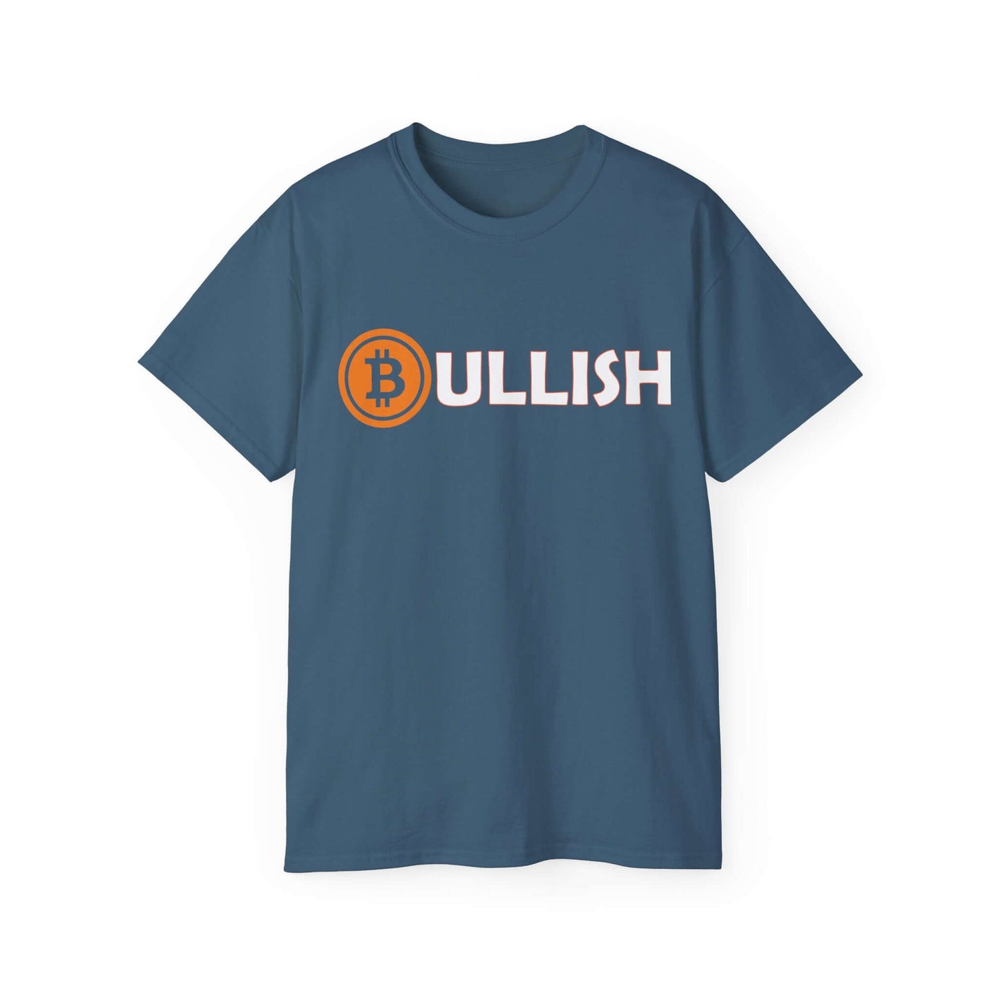 Bitcoin T-shirt with 'BULLISH' text, featuring Bitcoin symbol, made from comfortable cotton, ideal for crypto enthusiasts.