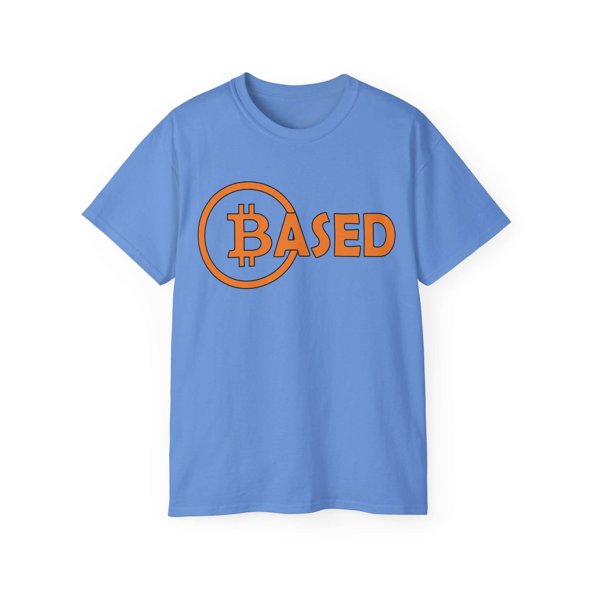 Blue Bitcoin T-Shirt with 'BASED' text, promoting Bitcoin as a smart savings choice.