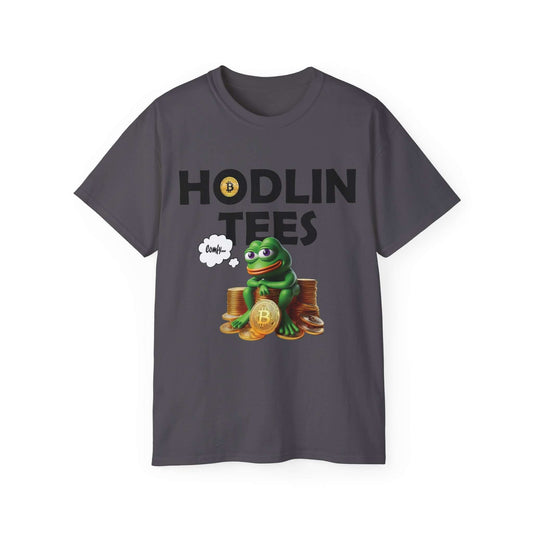 HodlinTees Bitcoin T-Shirt featuring comfy frog design and a stack of Bitcoin.