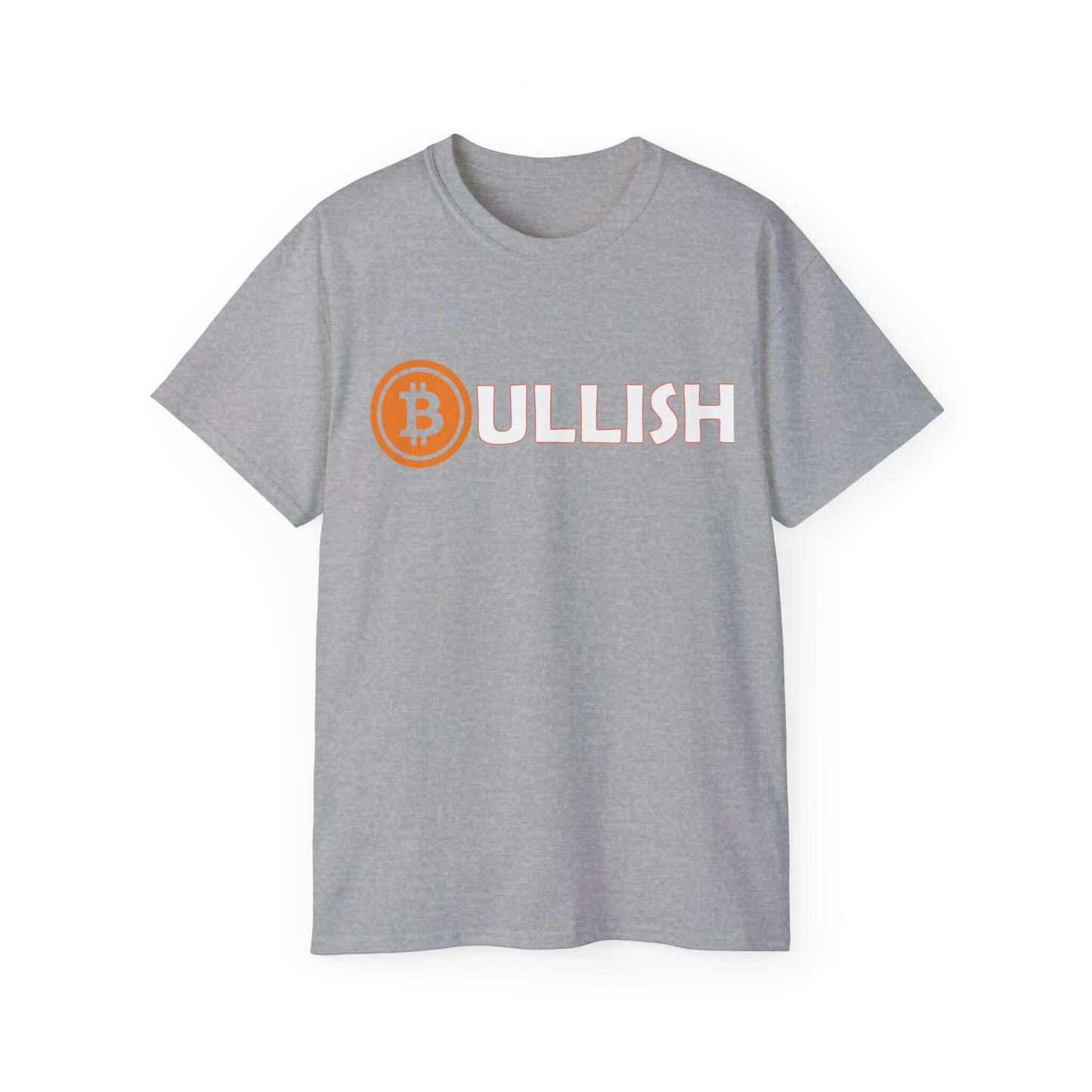 Gray Bitcoin T-Shirt with 'BULLISH' text and Bitcoin symbol, comfortable cotton fabric.