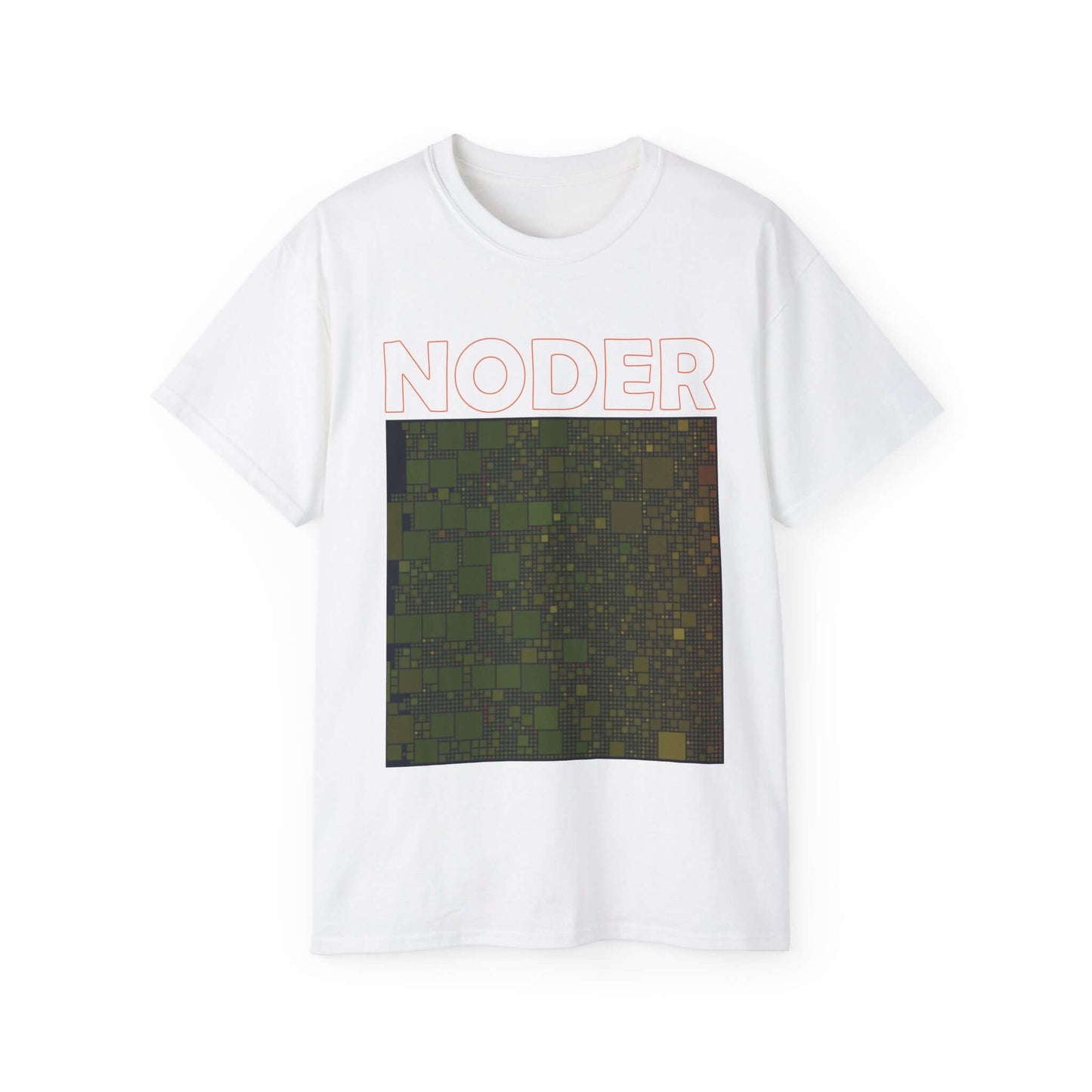 White Bitcoin tee shirt with 'NODER' text and a graphic design representing network strength and verification.