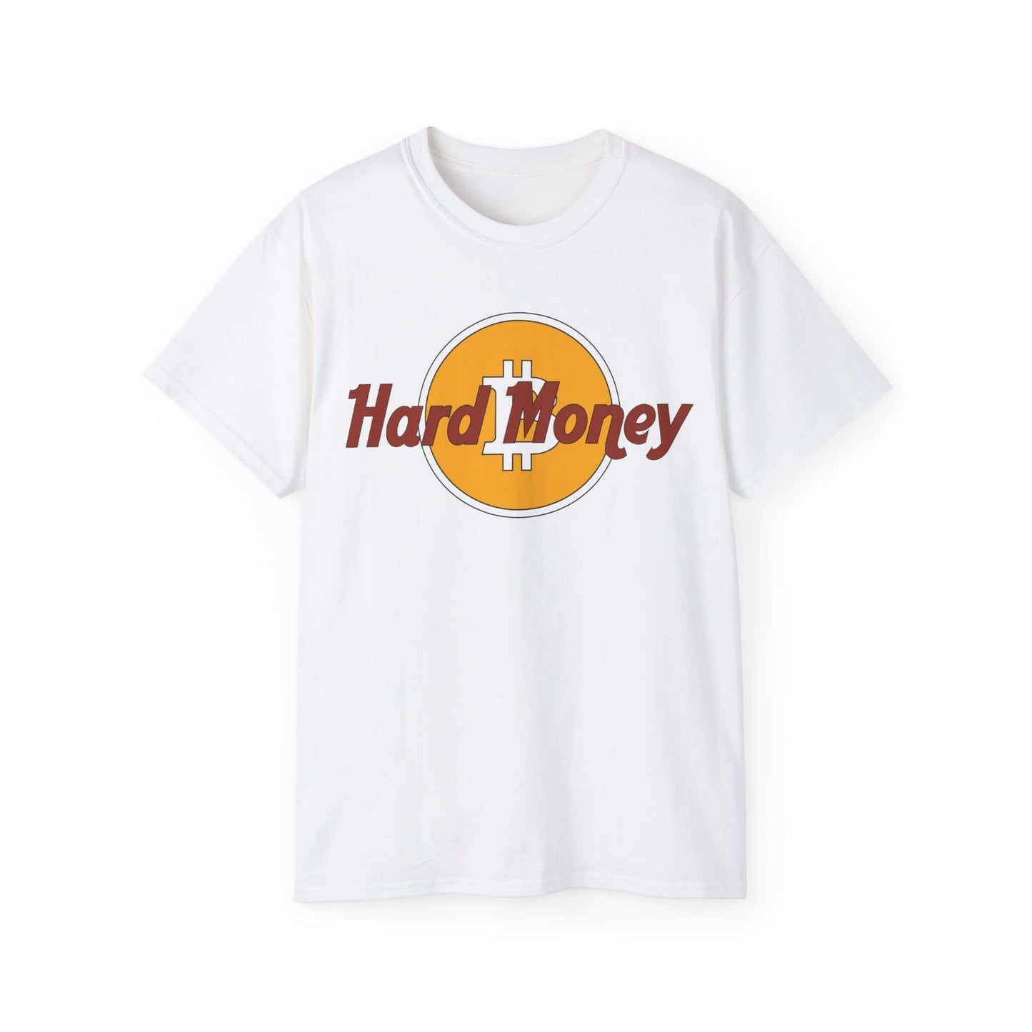 White Bitcoin Tee featuring 'Hard Money' graphic, made of comfortable cotton, perfect for crypto enthusiasts.