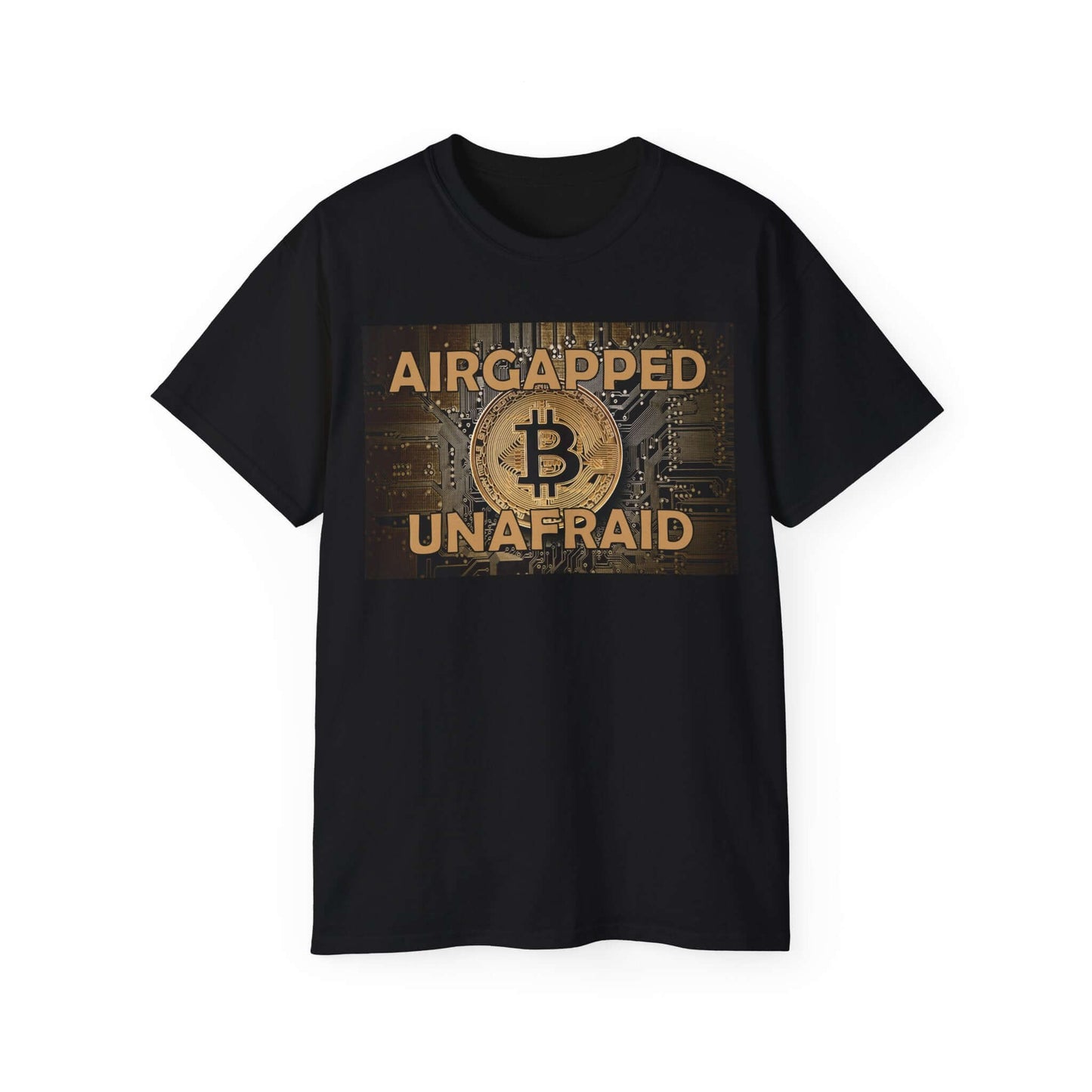 Black Bitcoin T-Shirt featuring 'AIRCAPPED UNAFRAID' slogan, promoting Bitcoin security and self custody.