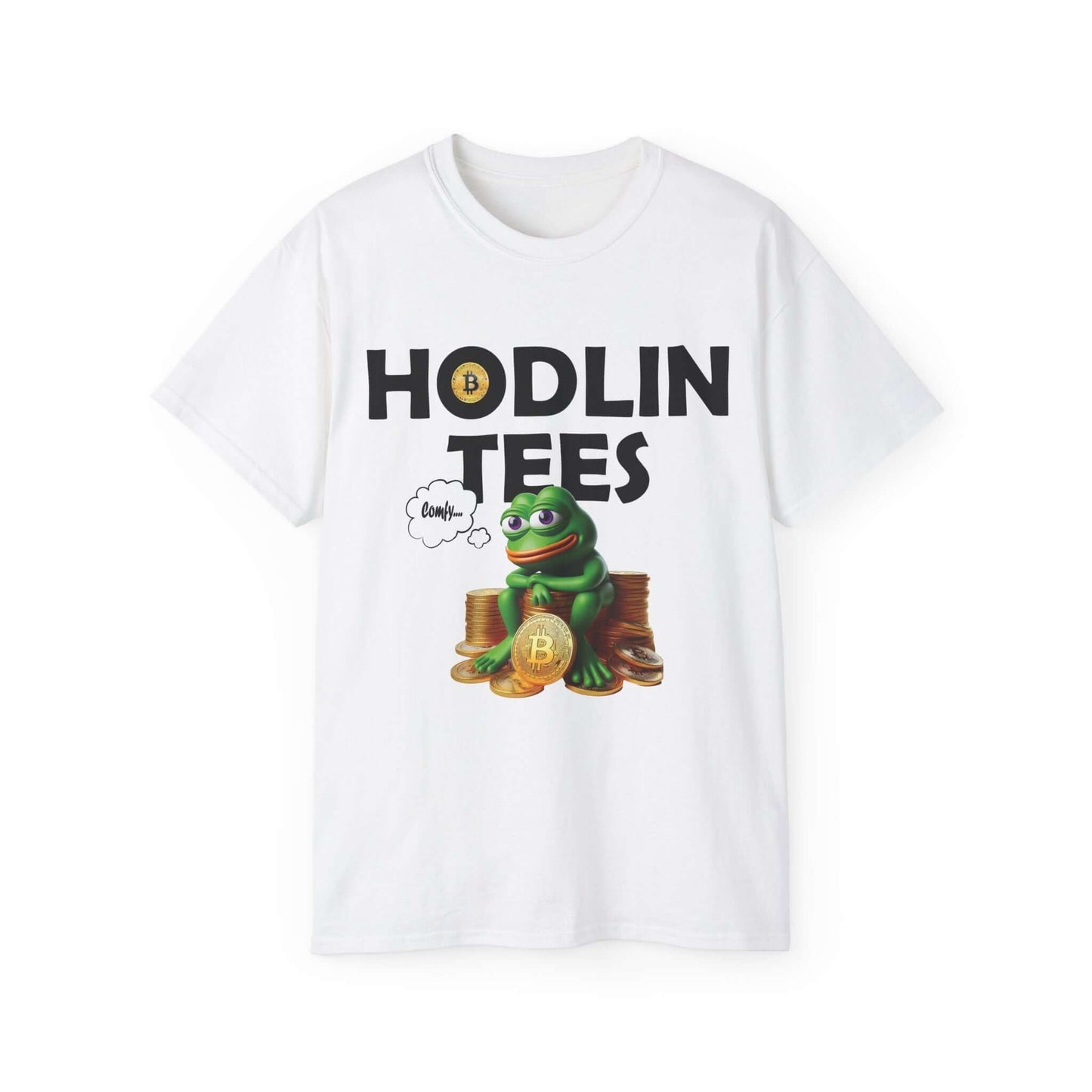 White Bitcoin t-shirt featuring the text 'Hodlin Tees' and a comfy frog sitting on Bitcoin.