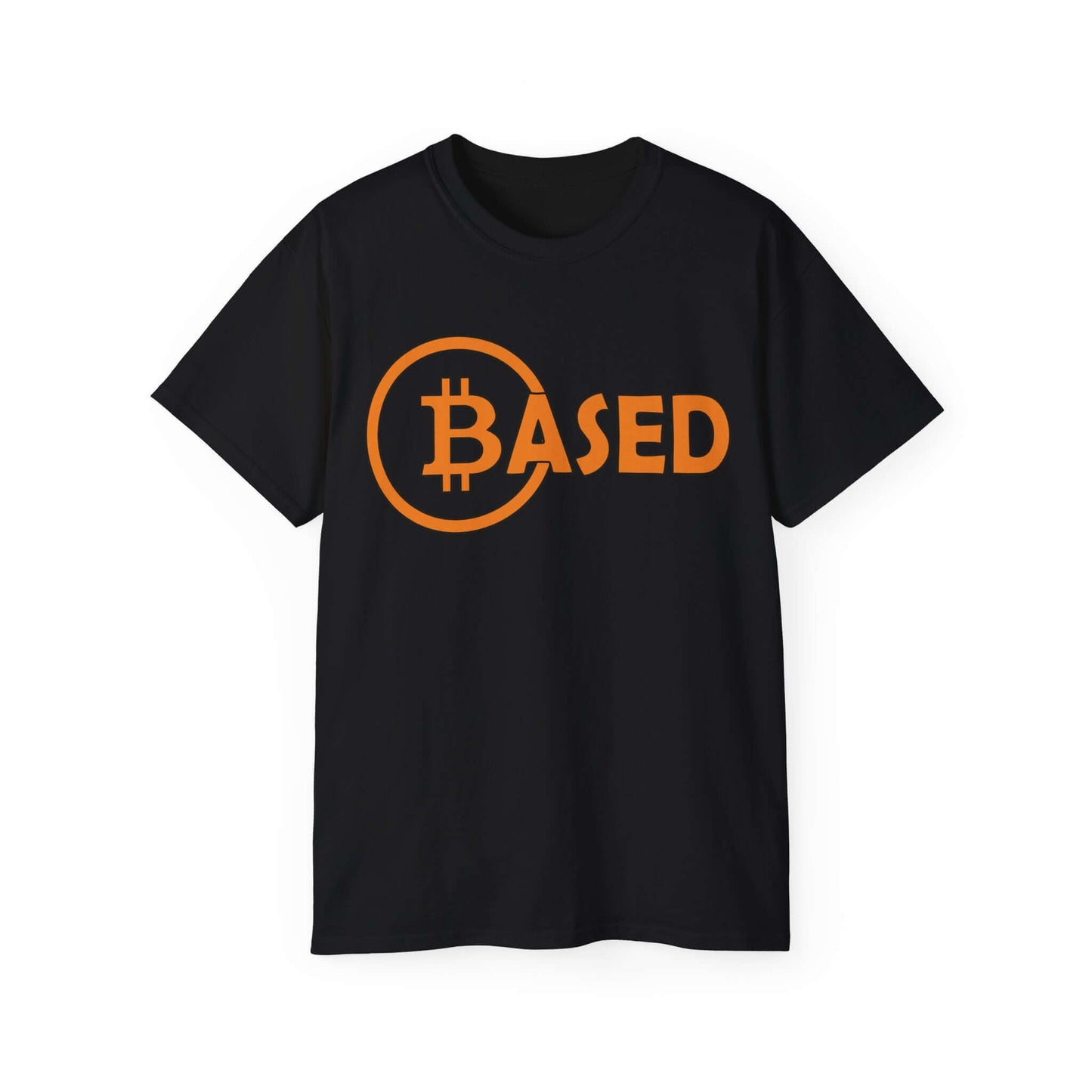 Black Bitcoin Tee shirt with orange 'BASED' text and Bitcoin symbol, designed for comfortable wear.