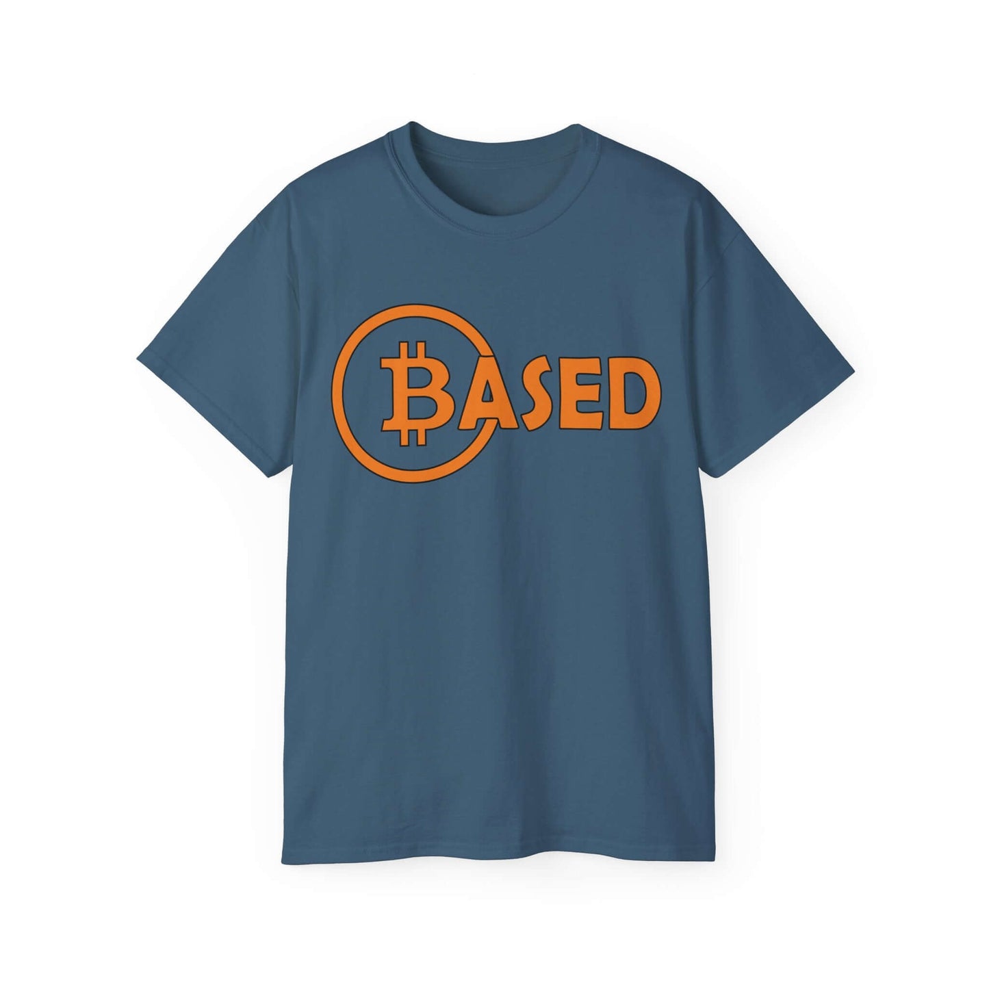 Bitcoin T-shirt featuring the word 'BASED' in bold orange on a blue background.