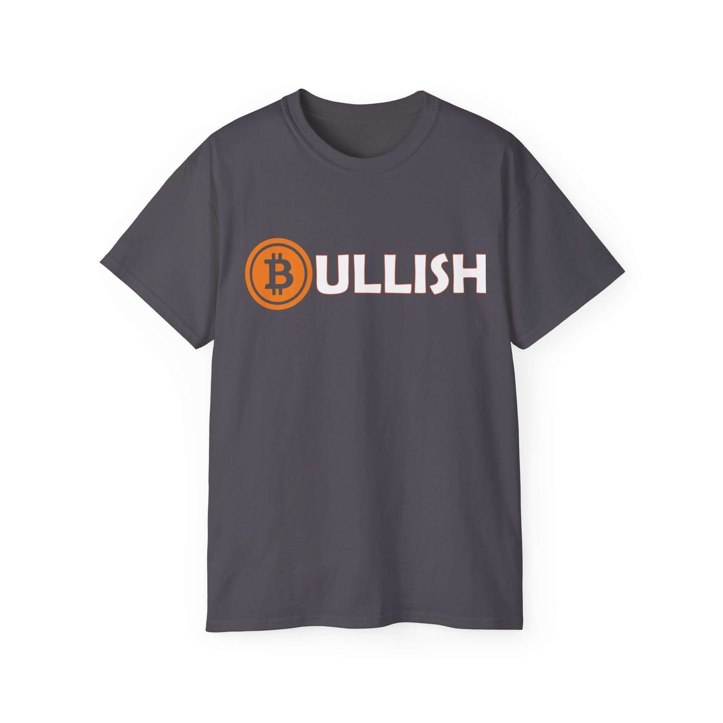 Gray Bitcoin Tee shirt with 'BULLISH' text and Bitcoin logo, made from comfortable cotton.