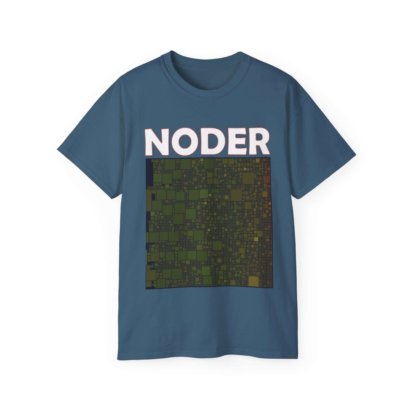 Bitcoin tee shirt featuring the word 'NODER' and a colorful graphic, symbolizing network strength.