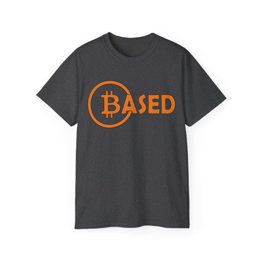 Bitcoin tee shirt in dark gray with orange text 'BASED' and Bitcoin symbol, made of comfortable cotton.