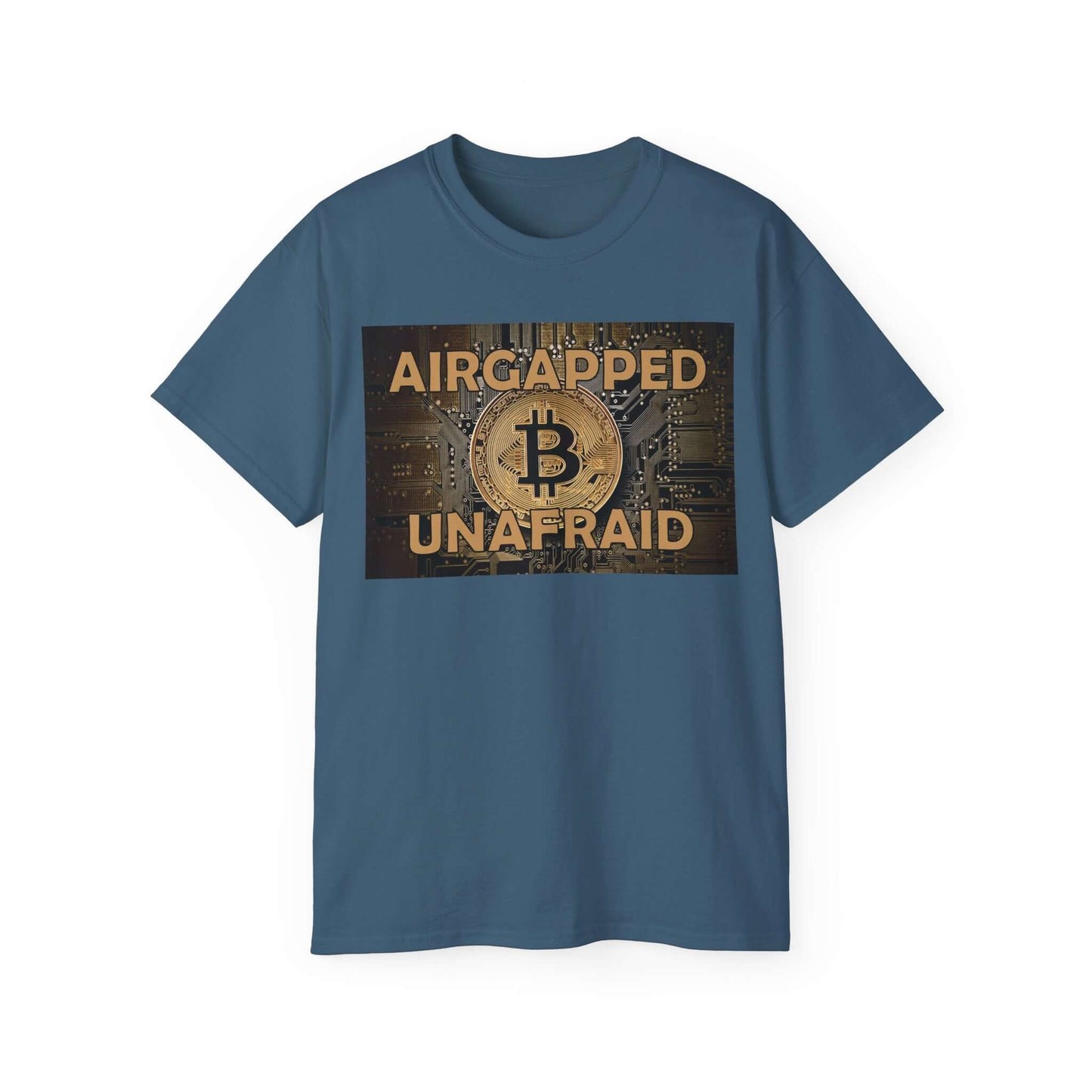 Bold blue Bitcoin T-shirt featuring 'Airgapped Unafraid' graphic, promoting Bitcoin self-custody and security.