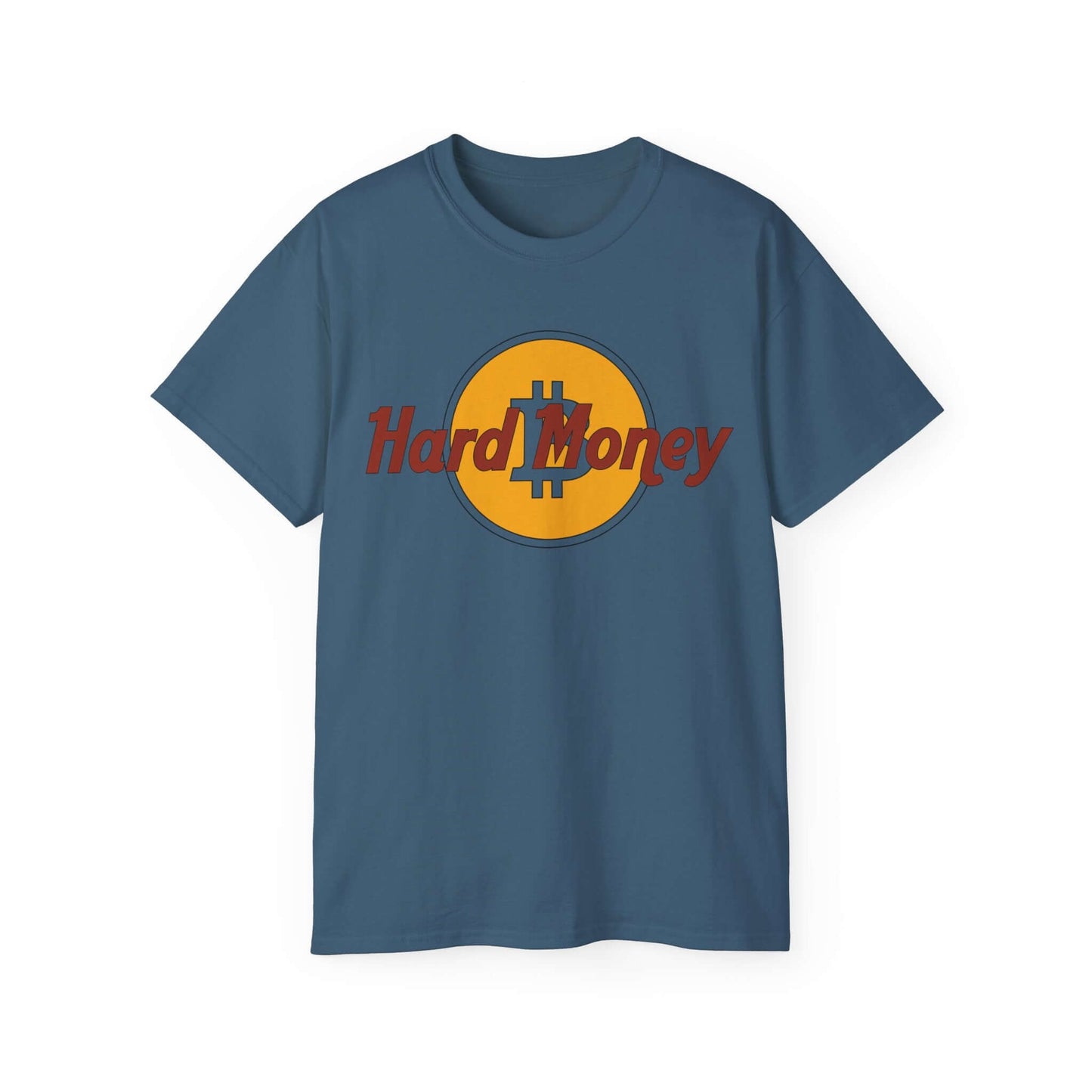 Bitcoin Tee featuring 'Hard Money' graphic in yellow and red on a blue background, made from comfortable cotton.