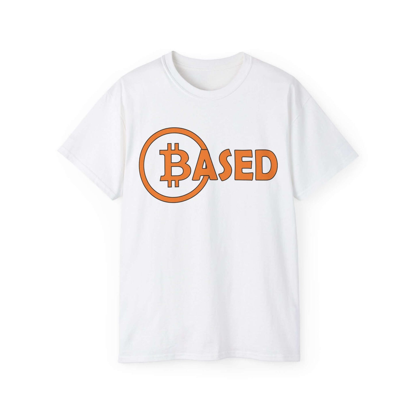 White Bitcoin Tee Shirt with orange 'BASED' graphic, made from comfortable cotton.