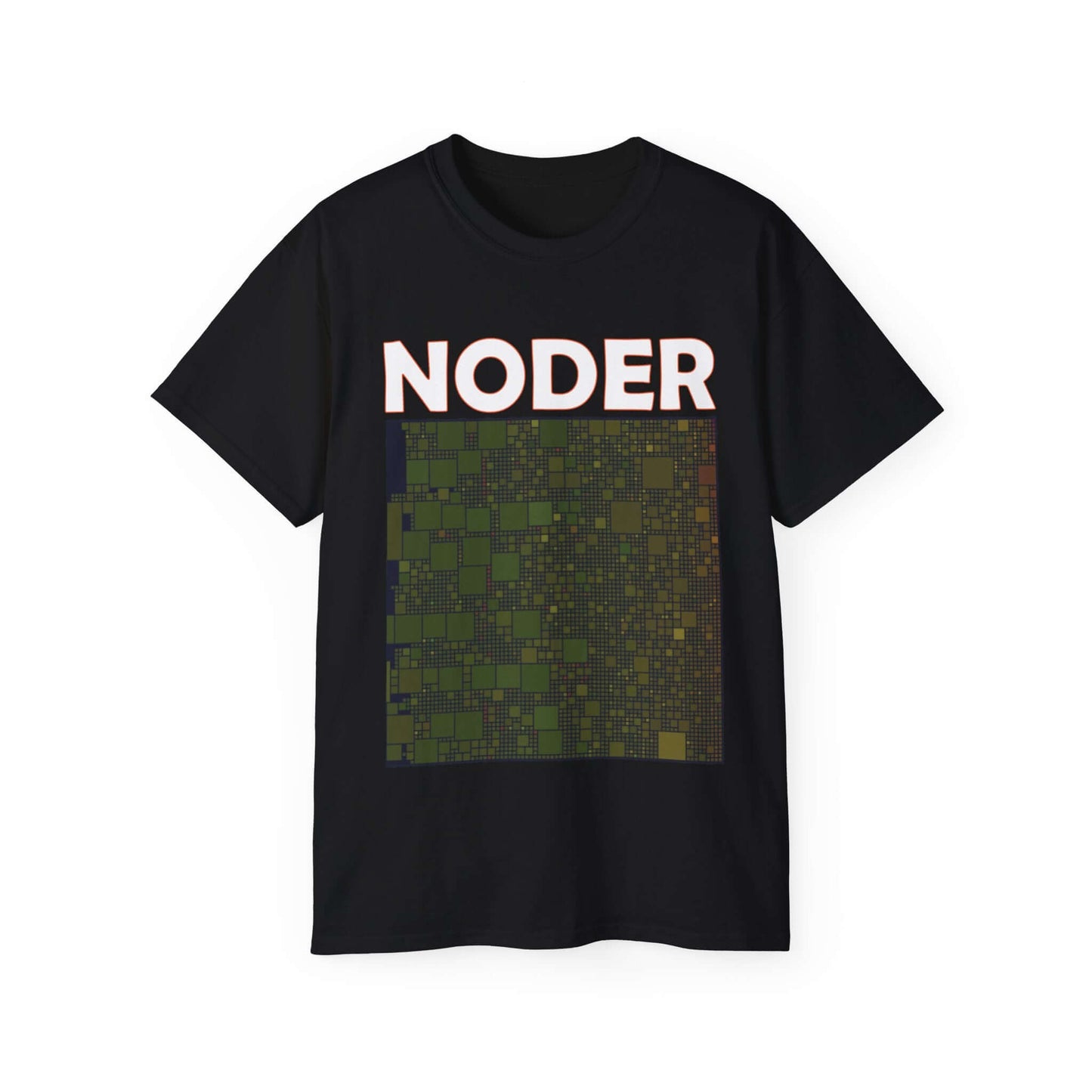 Black Bitcoin tee shirt featuring the word 'NODER' and colorful network graphics, promoting node running.