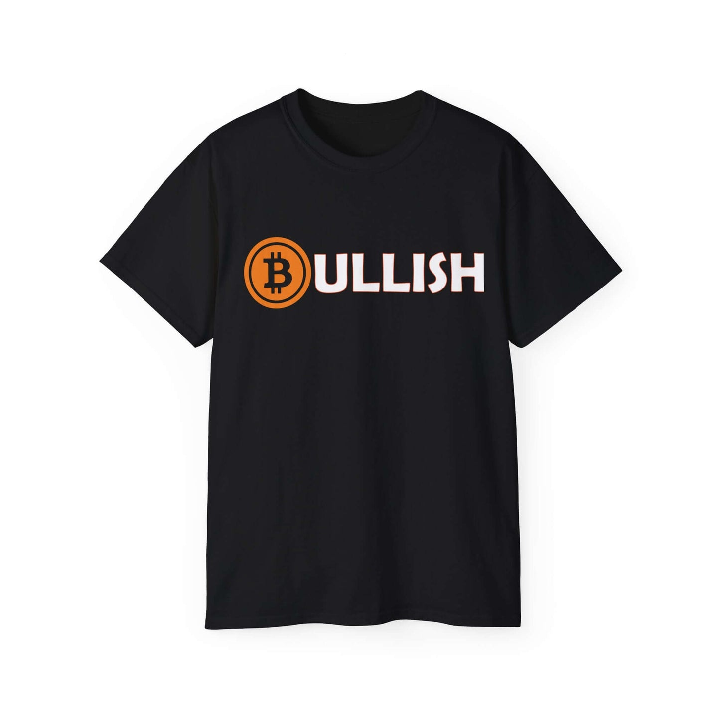 Black Bitcoin Tee shirt features 'BULLISH' text and Bitcoin logo, made from comfortable cotton fabric.