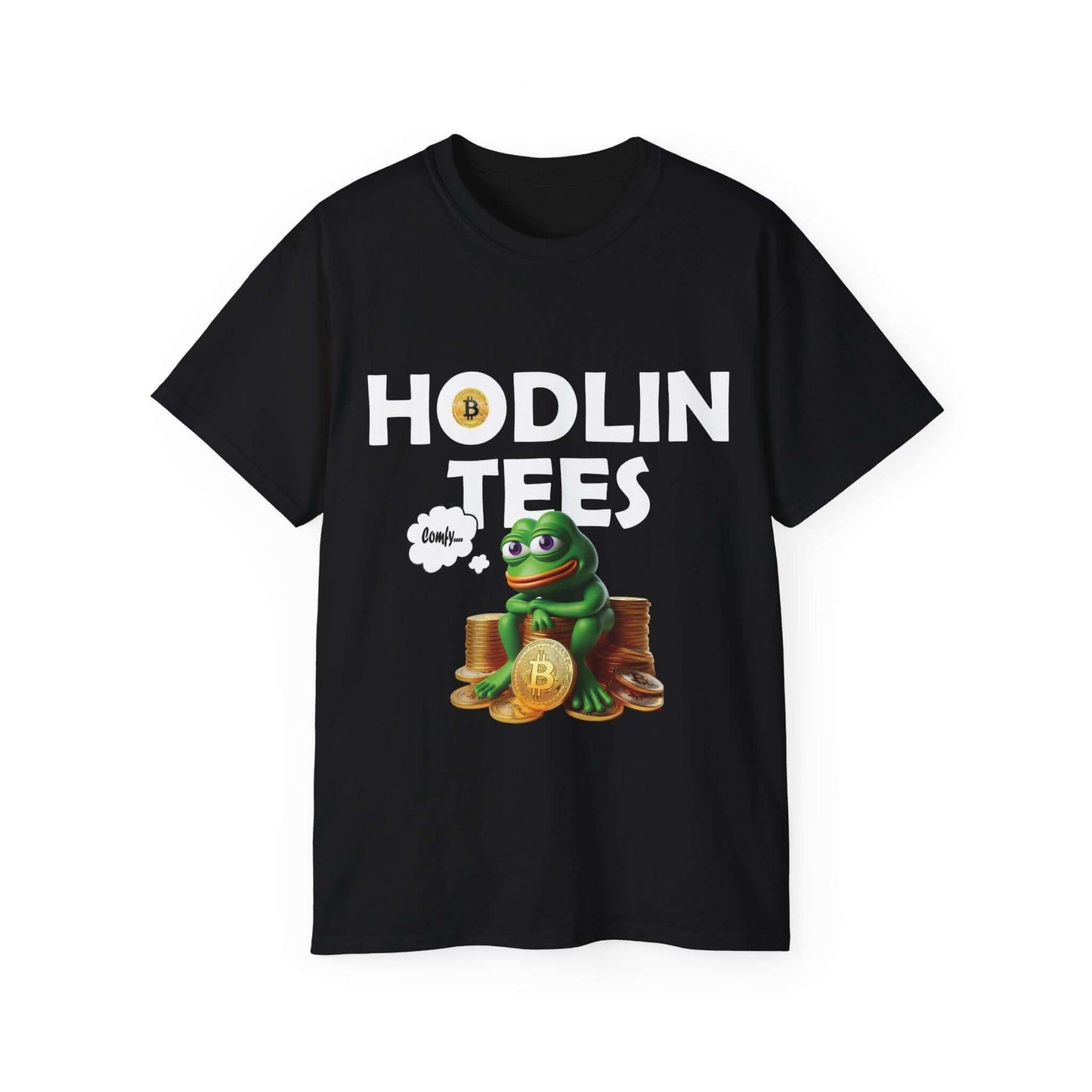 Black Bitcoin T-Shirt featuring 'Hodlin Tees' and a comfy frog design sitting on a stack of Bitcoin.